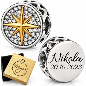 Charms Zawieszka Srebrna 925 Z Grawerem Złota Róża Wiatrów