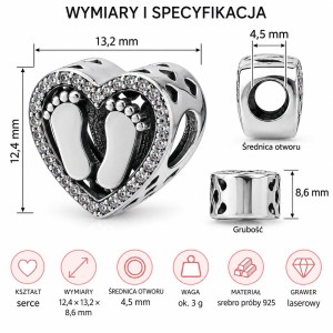 Charms Serce Stópki Srebro 925 + Grawer Laserowy