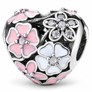 Charms Zawieszka Serce Kwiatki Srebro 925