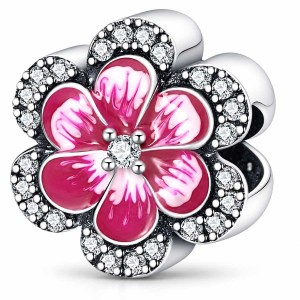 Charms Zawieszka Różowy Kwiat Cyrkonie Srebro 925